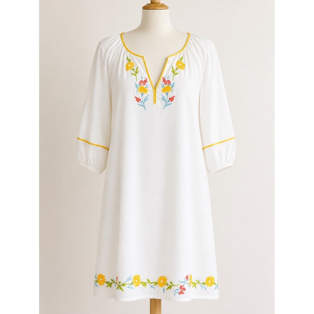 Calypso St Barth Womens S White Linen Floral Embroidered Tunic Dress Boho Mini‎